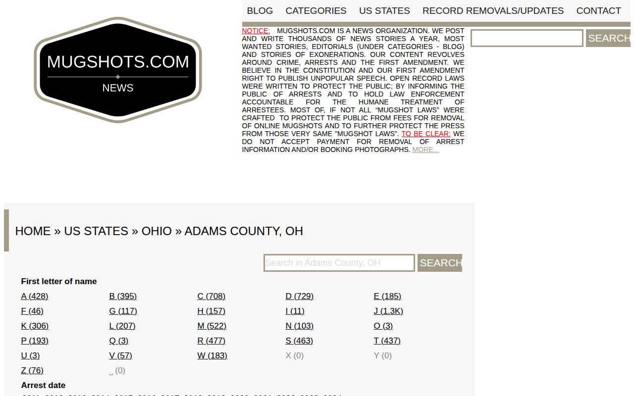 Adams County historical mugshot archive interface at Mugshots.com