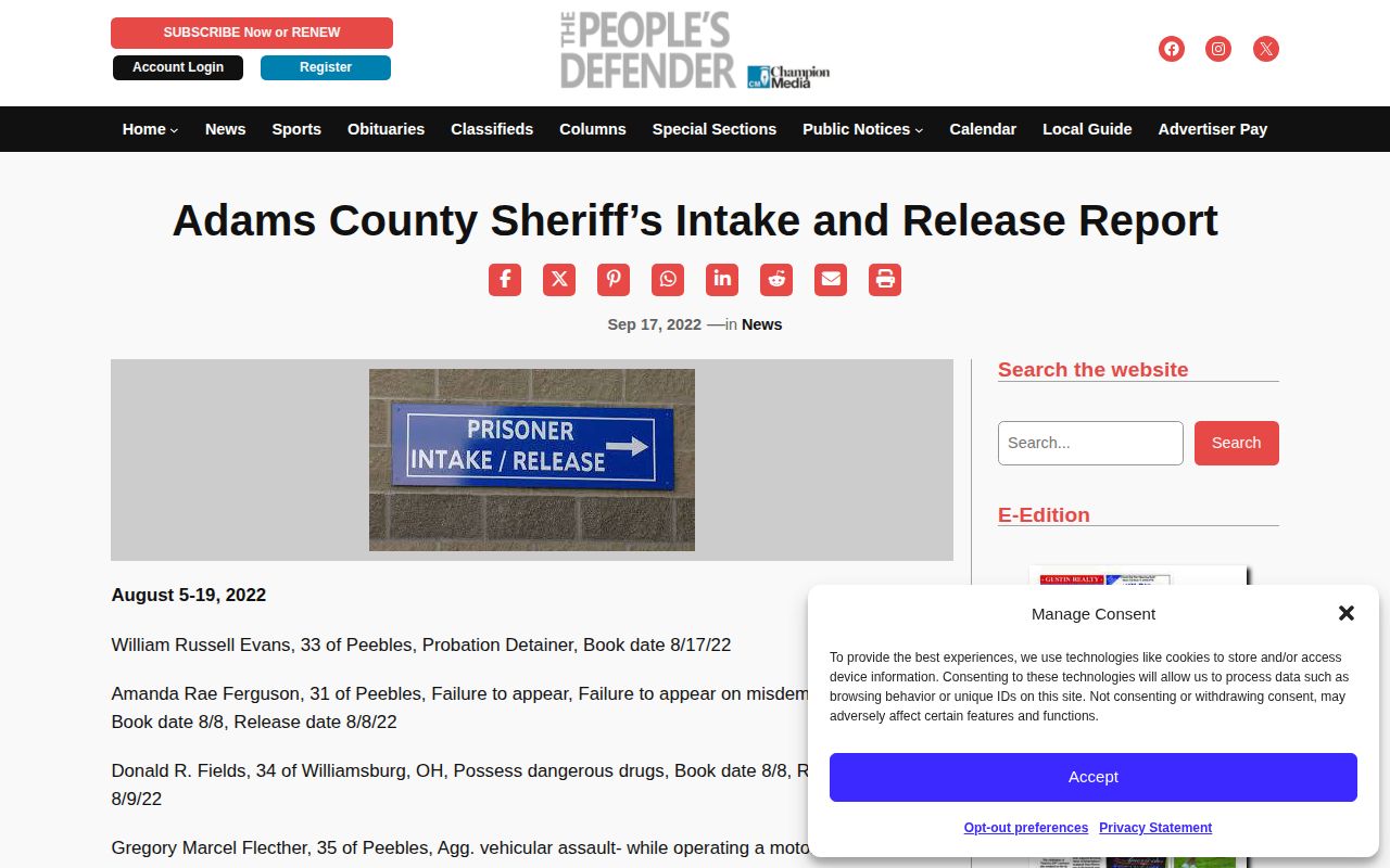 Adams County Sheriff historical intake and release report