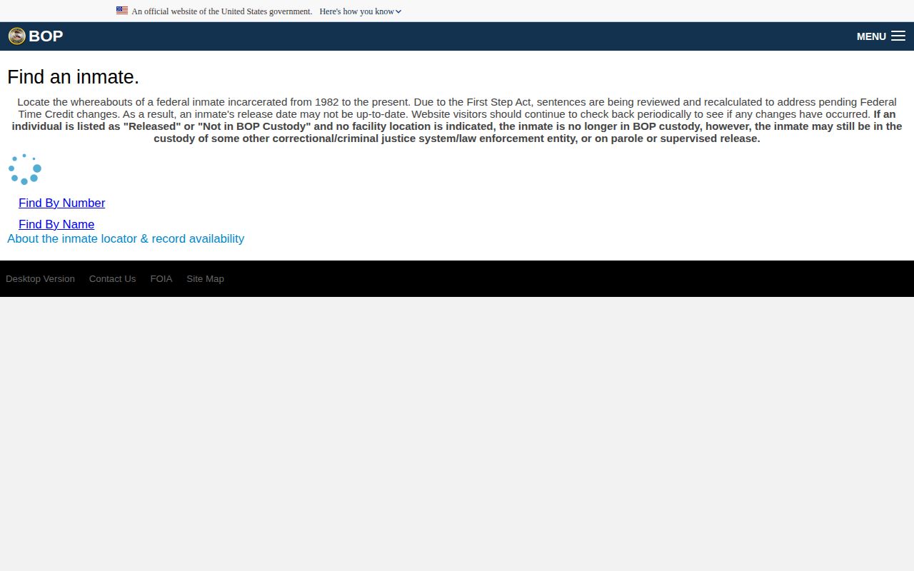 Federal Bureau of Prisons inmate locator search interface
