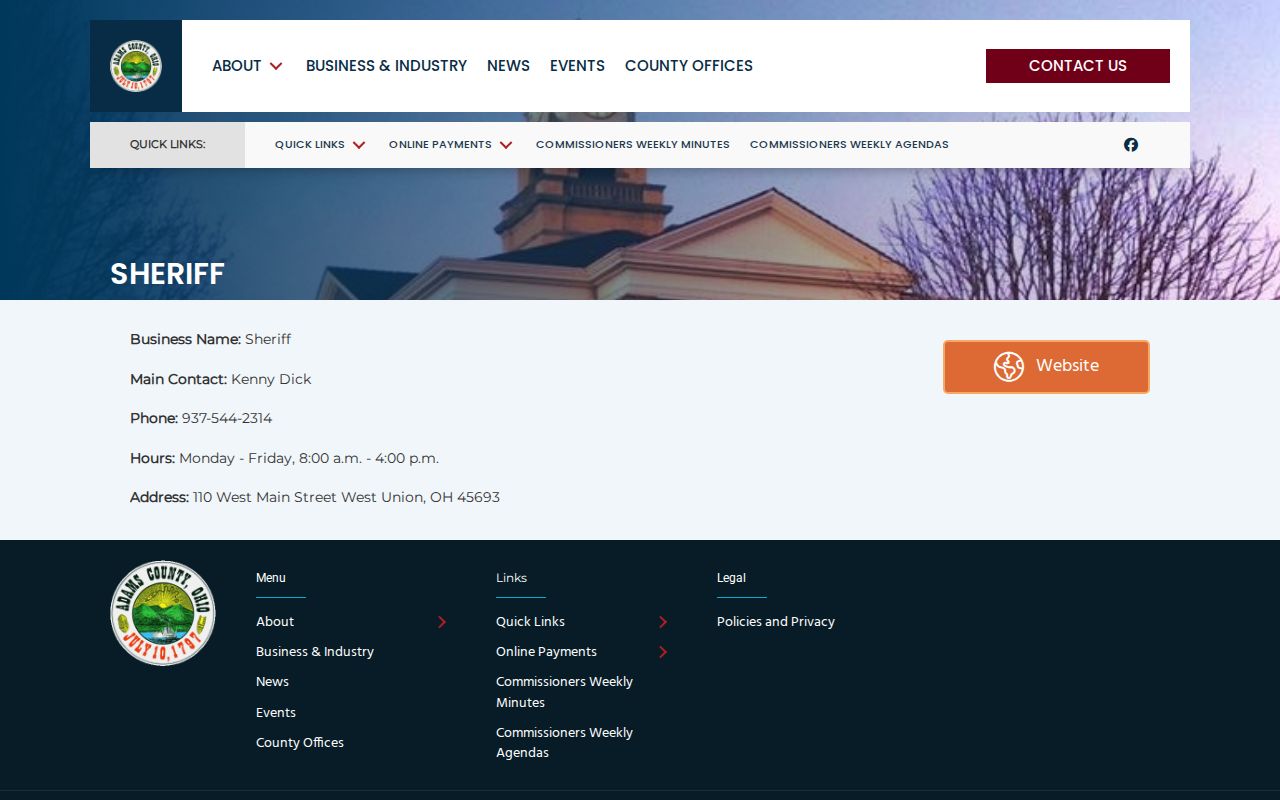 Adams County Government Sheriff contact page