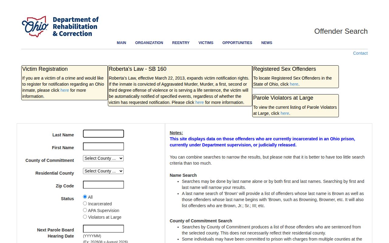 Ohio ODRC Offender Search form