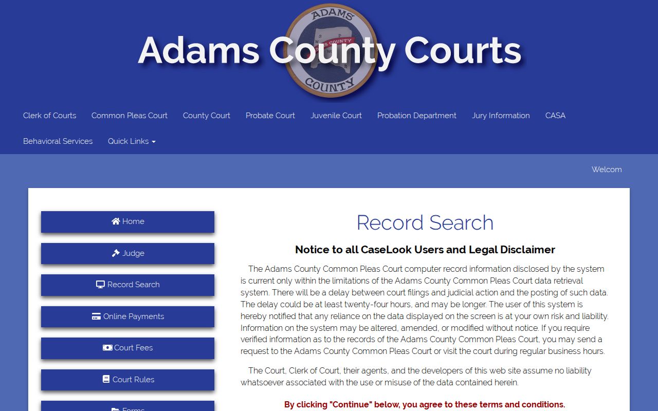 Adams County court record-search notice for warrant and case-record verification