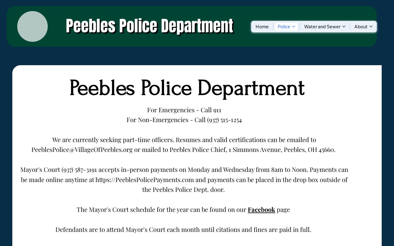 Peebles Police Department official public-records and police-report page for Adams County booking records